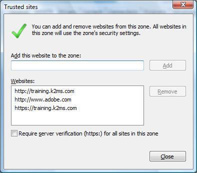 Trusted Sites screen